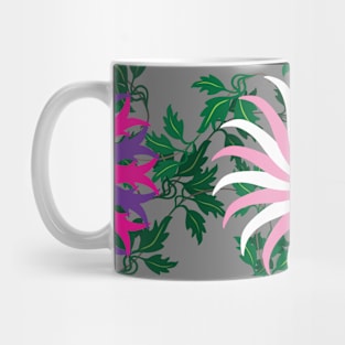White and Pink, Cerise and Purple Flowers on a Vine Leaf and Mid-Grey background Mug